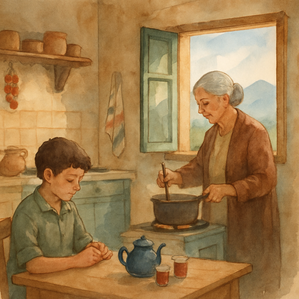 A small kitchen in a Levantine village home. Teta, an older woman with silver hair pulled back and a soft brown cardigan, stands by the stove stirring a pot. Sami sits at a small wooden table, looking