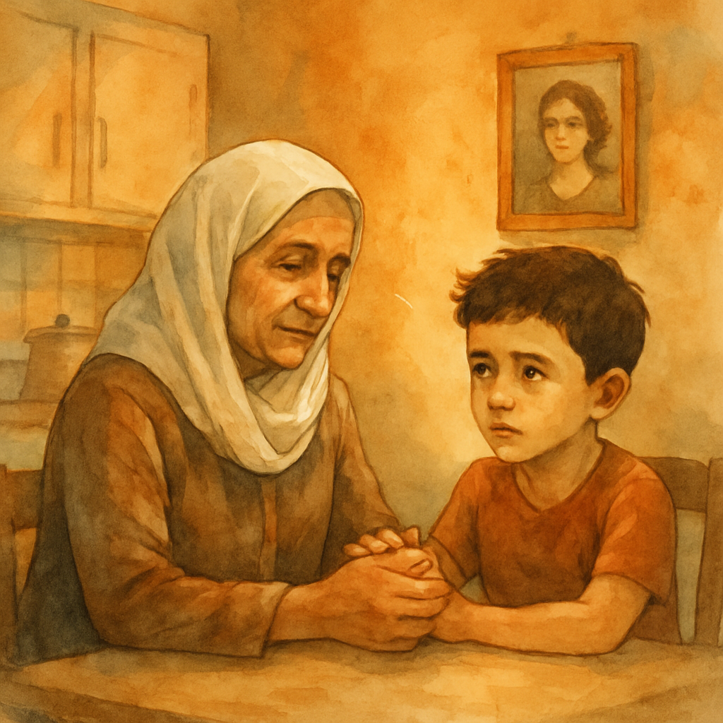 Teta and Sami seated side by side at the kitchen table. She is holding his small hand inside both of hers. Her face is calm, his is uncertain but listening. The kitchen light is warm and golden. A sma