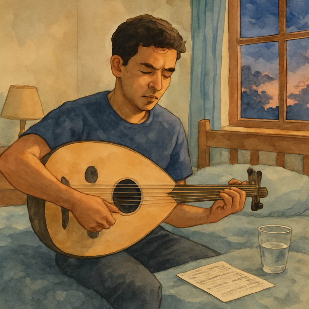 Sami in his bedroom, oud across his lap. His eyes are closed in concentration. On the bed beside him sits a glass of water and a small handwritten sheet of music. The window shows the sky beginning to