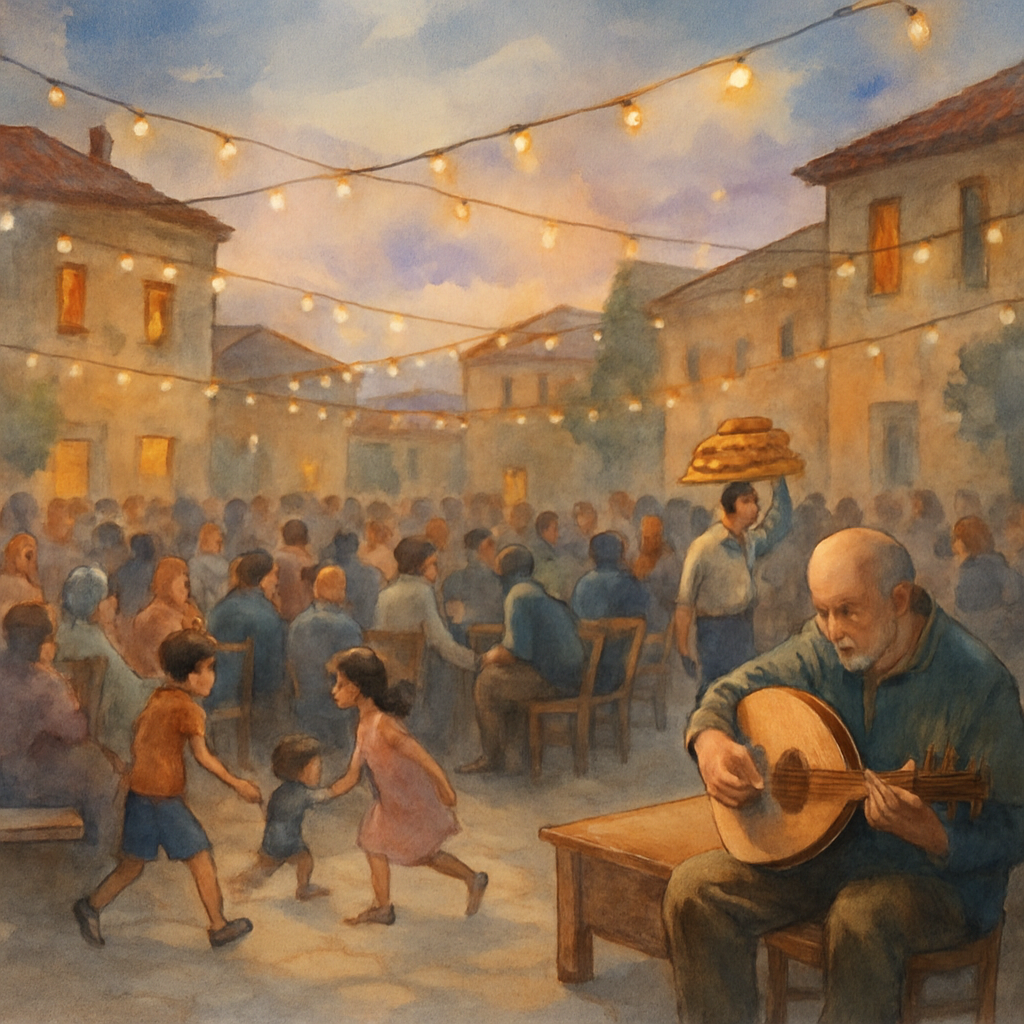 A wide view of the village square at twilight, full of people seated on chairs and stone benches. Strings of small lights crisscross above. An older man tunes his oud near a low wooden platform. Child