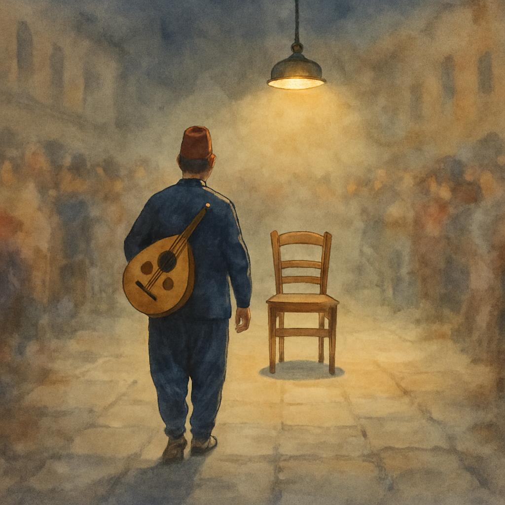 Sami from behind, small in the frame, walking toward the empty chair at the center of the square. His oud is held carefully against his side. The crowd on either side is blurred and watching. A single