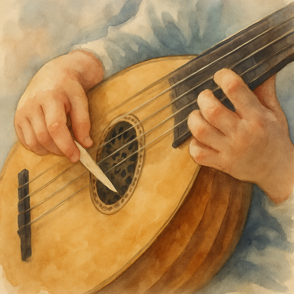 Close-up of Sami's small hands on the oud strings — the moment of the first note. One hand presses a string on the long neck, the other is poised with a thin plectrum. The wood of the oud gleams softl