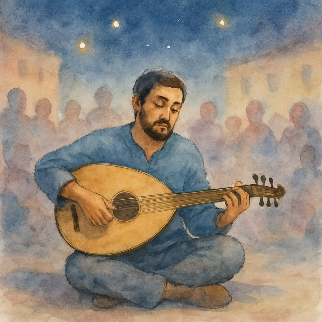 Sami seated in the center of the square, eyes half-closed, completely absorbed in playing. His whole body is curved gently around the oud. The crowd around him is painted as soft impressionist shapes,