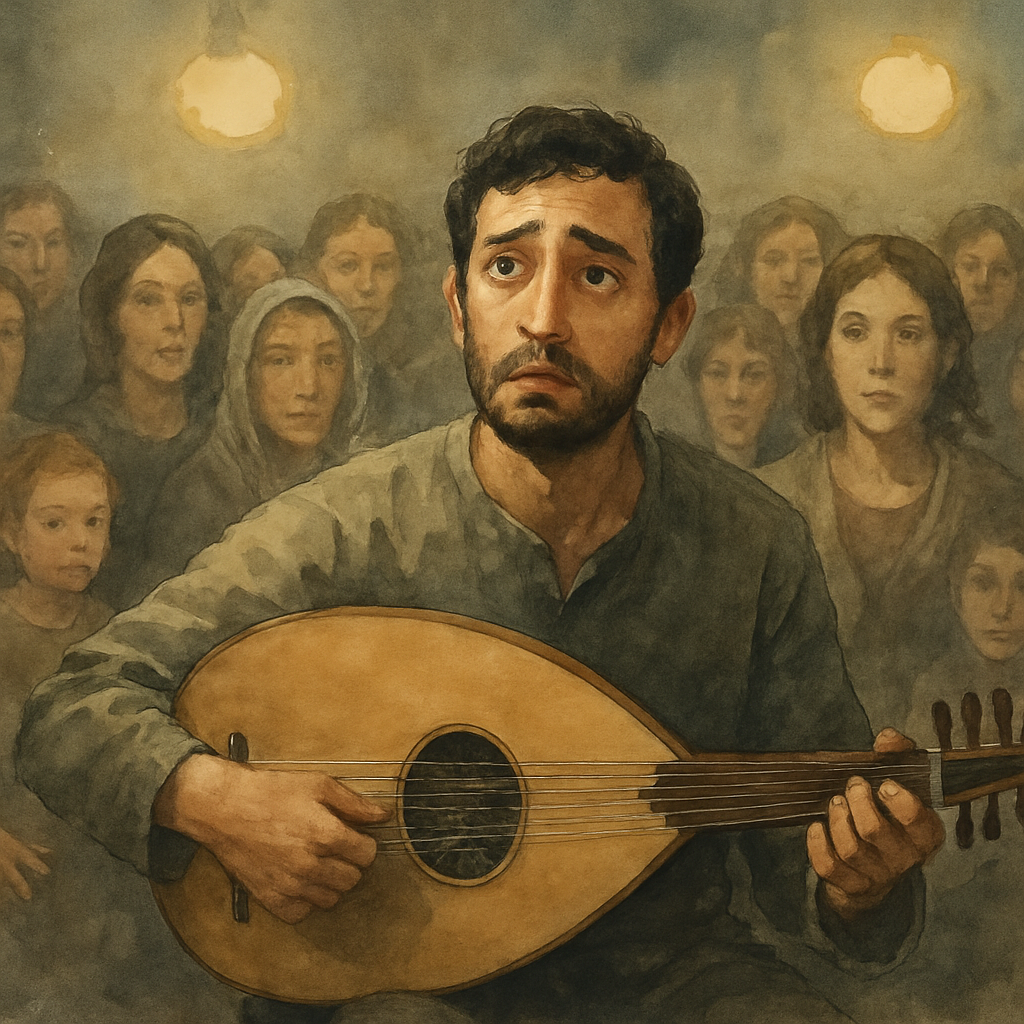 Sami looking up from the oud, his face uncertain and a little vulnerable. The crowd around him is perfectly still — every face turned toward him, listening. Even a small child has stopped mid-motion. 