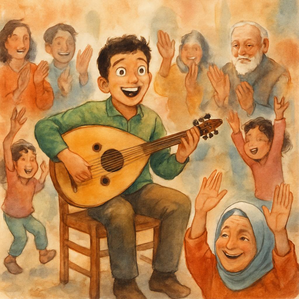Sami on the chair, oud in his lap, his face breaking into a wide surprised smile. All around him, hands are clapping — adults standing, children jumping. Teta in the front, both hands raised, beaming.