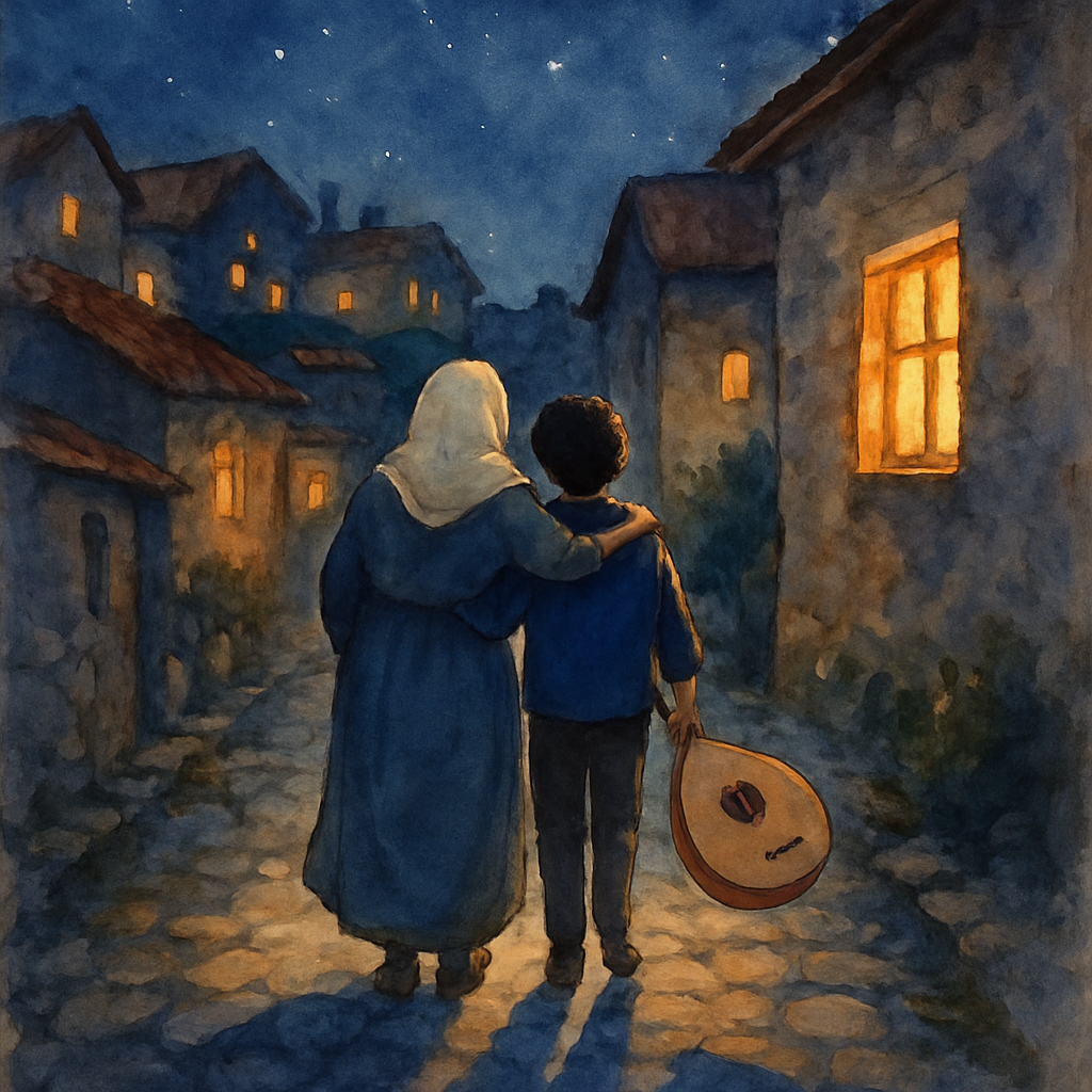 Sami and Teta walking down a narrow village stone path under a deep blue starlit sky. He carries his oud at his side, she has her arm around his shoulders. The lights of the village glow behind them. 