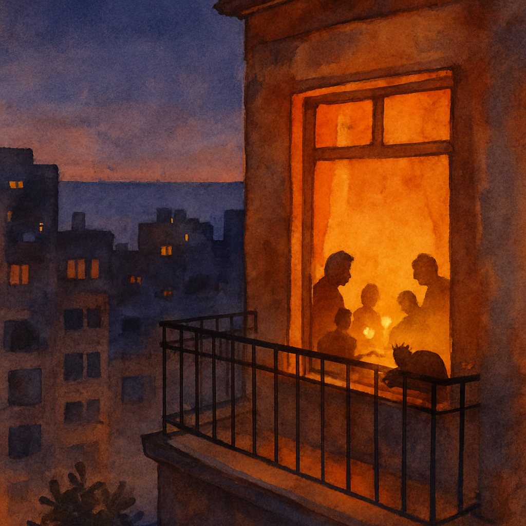 A warm watercolor scene of a Beirut apartment balcony at dusk. The city behind it is dark — windows unlit, the skyline soft and quiet. But inside one apartment, candles glow golden through the window,