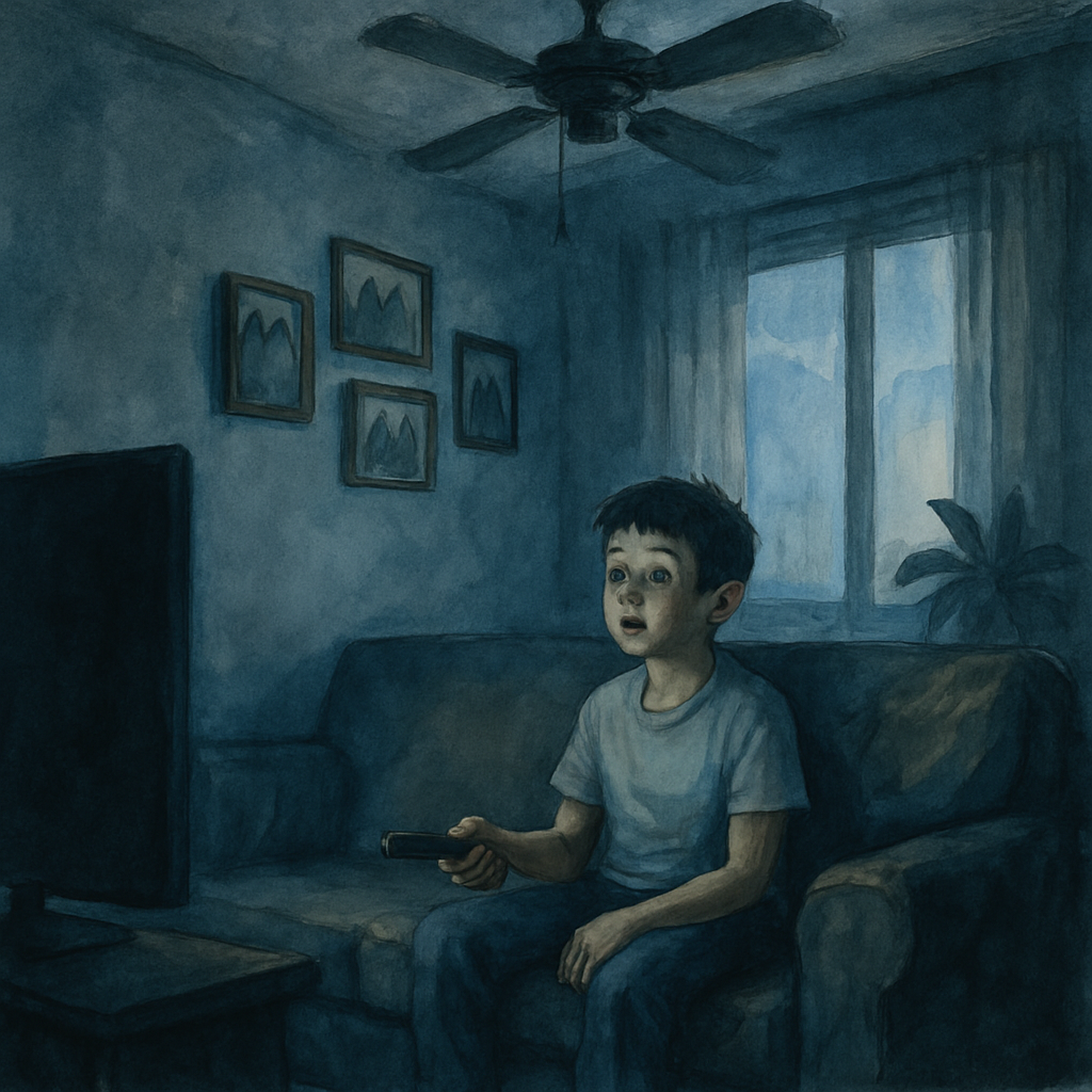 Inside a modern Beirut living room: a child around 10 sits on a worn but cozy couch, mouth slightly open, remote still pointed at a now-dark TV screen. The ceiling fan blades are mid-spin, slowing. A 