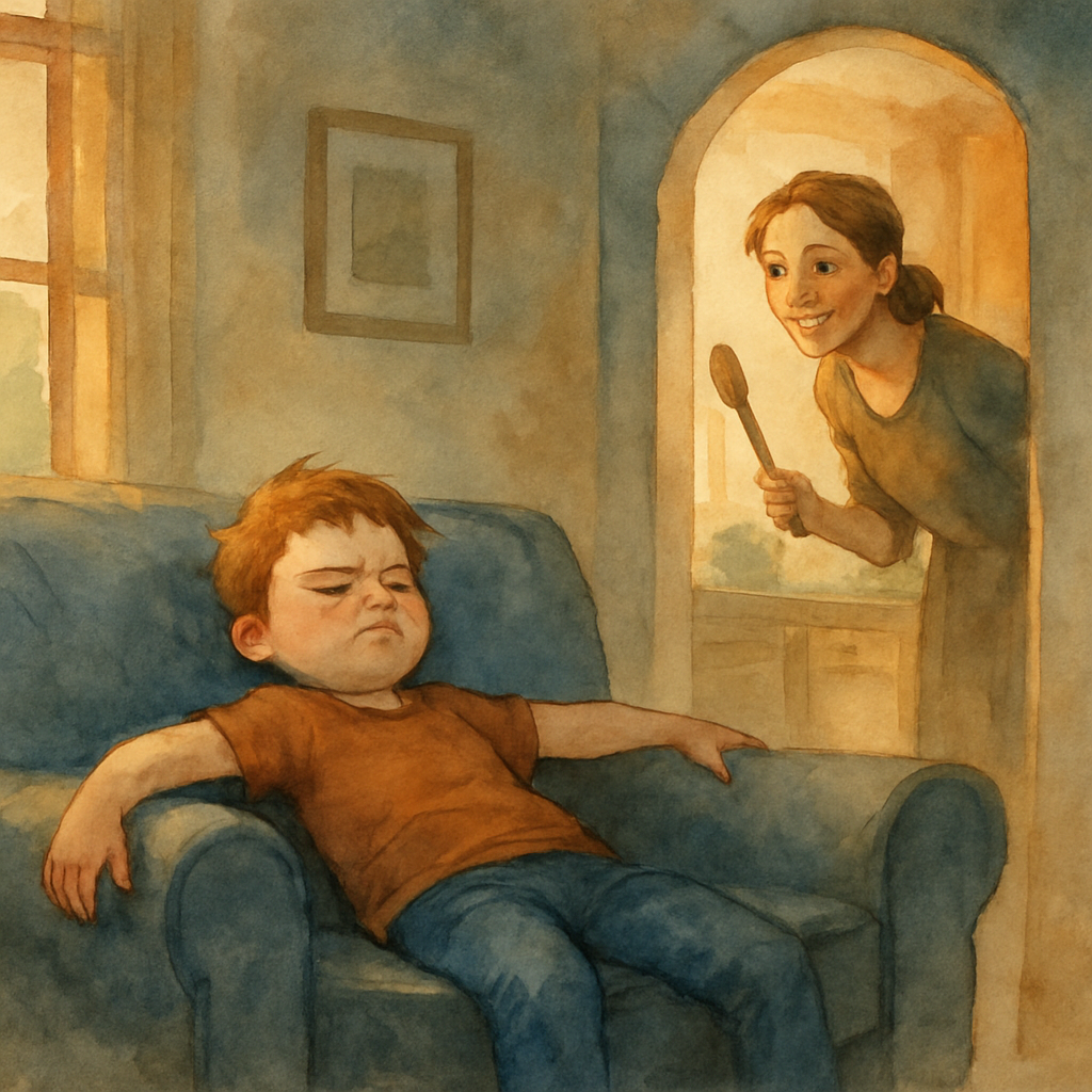 The same child slumped dramatically backward on the couch, arms flopped to the sides, an exaggerated grumpy face. From the kitchen doorway, Mama leans out — a woman in her late thirties with her hair 