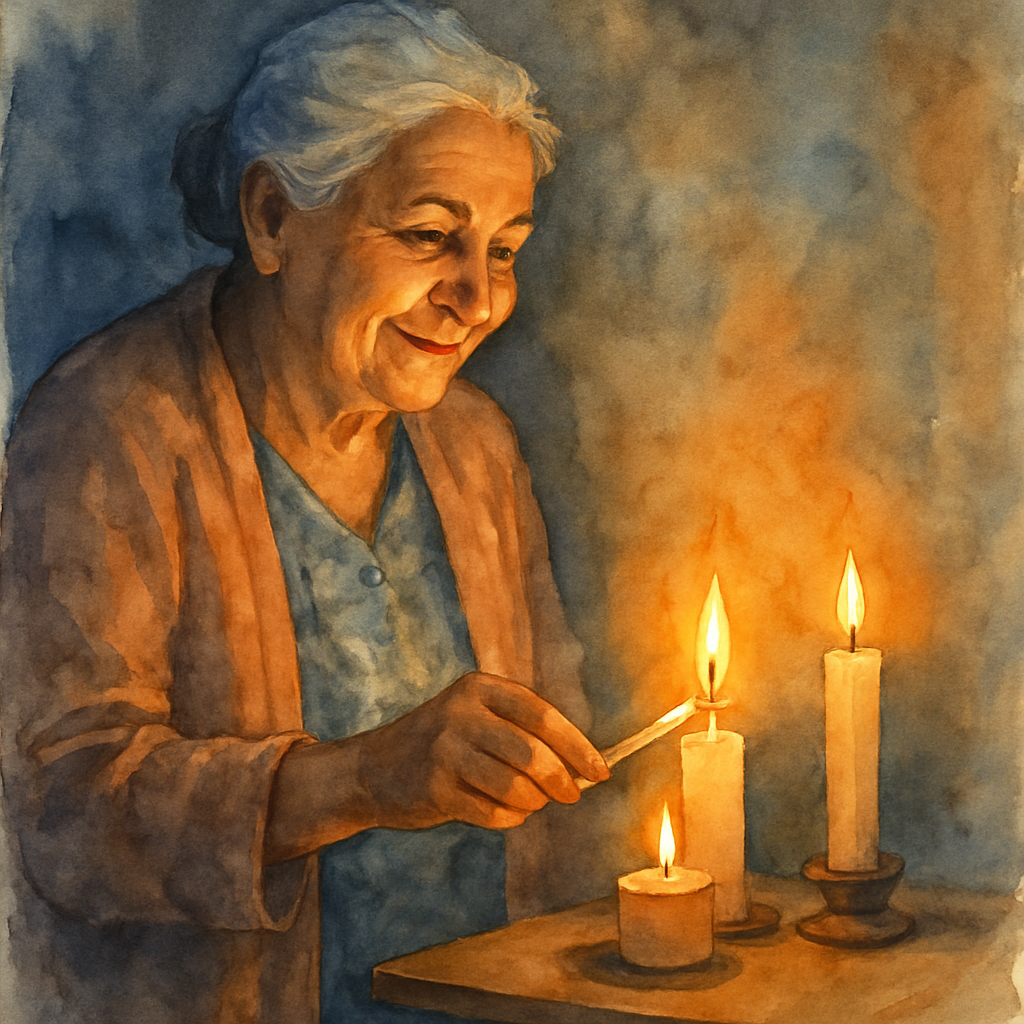 Teta — an older Levantine woman with silver hair pulled back and a soft cardigan over her housedress — carefully lighting a candle on a small wooden table. Two candles are already lit nearby. The flam