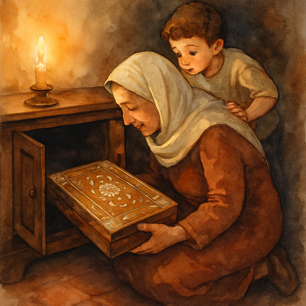 Teta kneeling in front of a dark wooden cabinet, opening its small doors. She is lifting out a beautifully worn wooden box — a backgammon set (طاولة) — with inlaid mother-of-pearl patterns on its top.