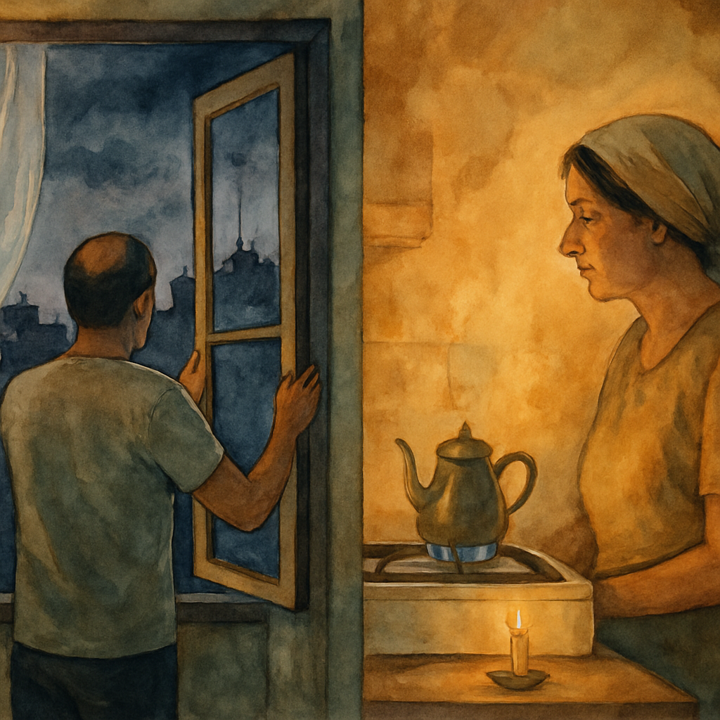 A split scene inside the apartment: on one side, Baba — a man in a plain t-shirt — pushing open a tall window, letting in a breeze that lifts the curtains; outside, a glimpse of dark Beirut rooftops. 