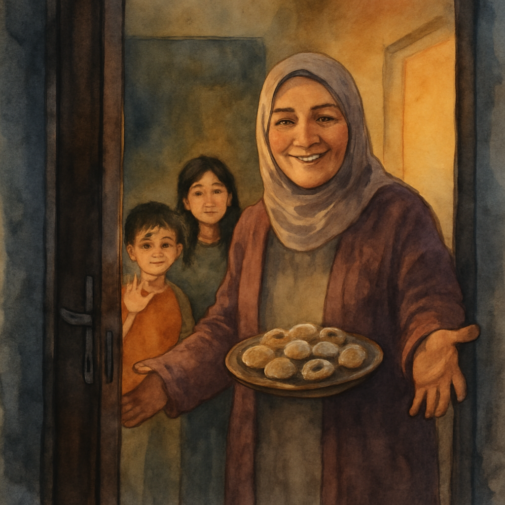 The apartment door open. Umm Karam — a friendly woman in a long cardigan — stands in the doorway smiling, holding a plate of round date-filled cookies (ma'amoul). Behind her, two kids around 8 and 11,