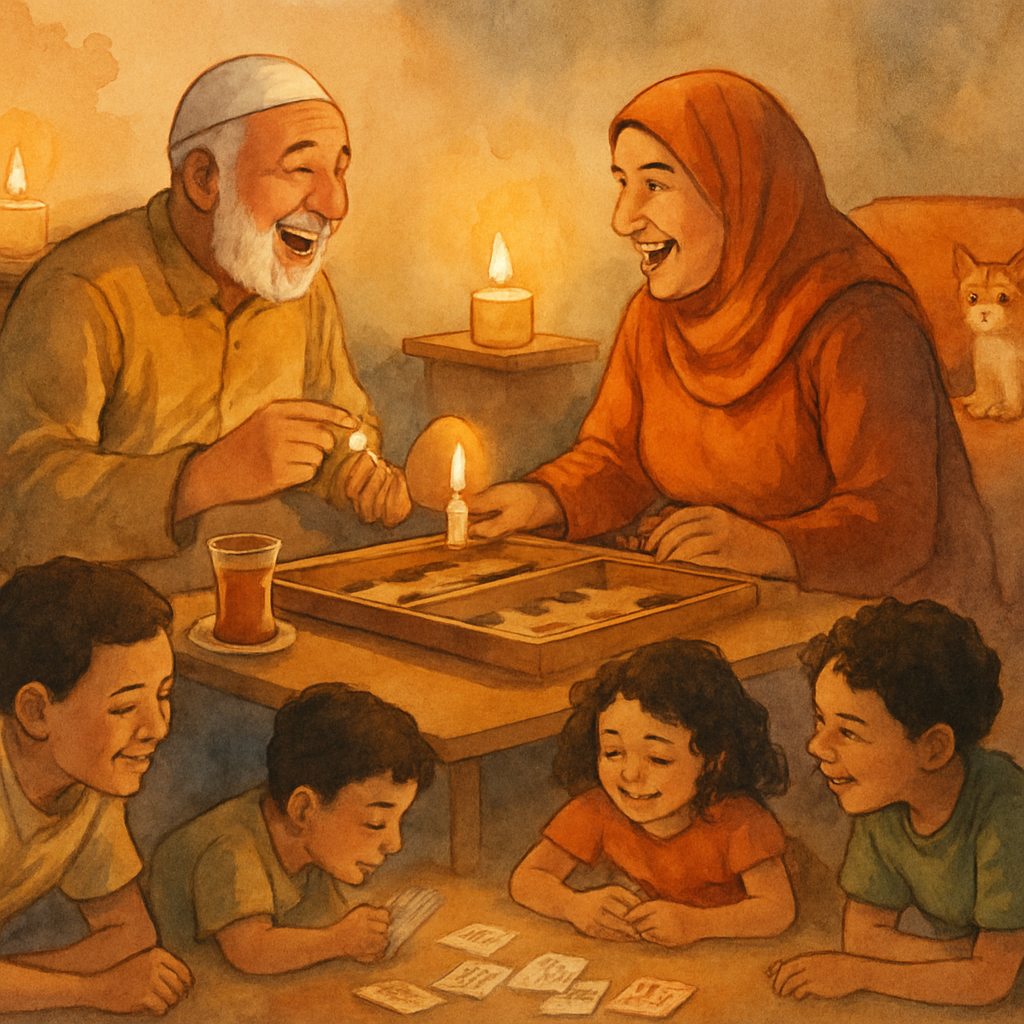 A wide, warm scene: the family and neighbors gathered around a low coffee table. Baba and Umm Karam face each other across an open backgammon board, mid-laugh, dice in hand. On the floor, the child an