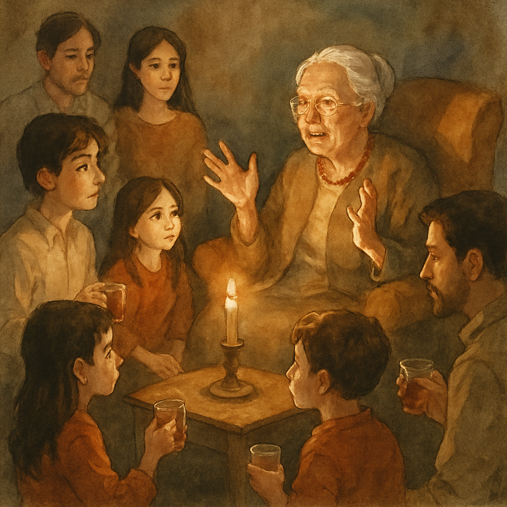 Teta in the center of the frame, seated in an armchair, hands moving slightly as she tells a story. The candlelight catches her face, making her look almost luminous. Around her, all four children and
