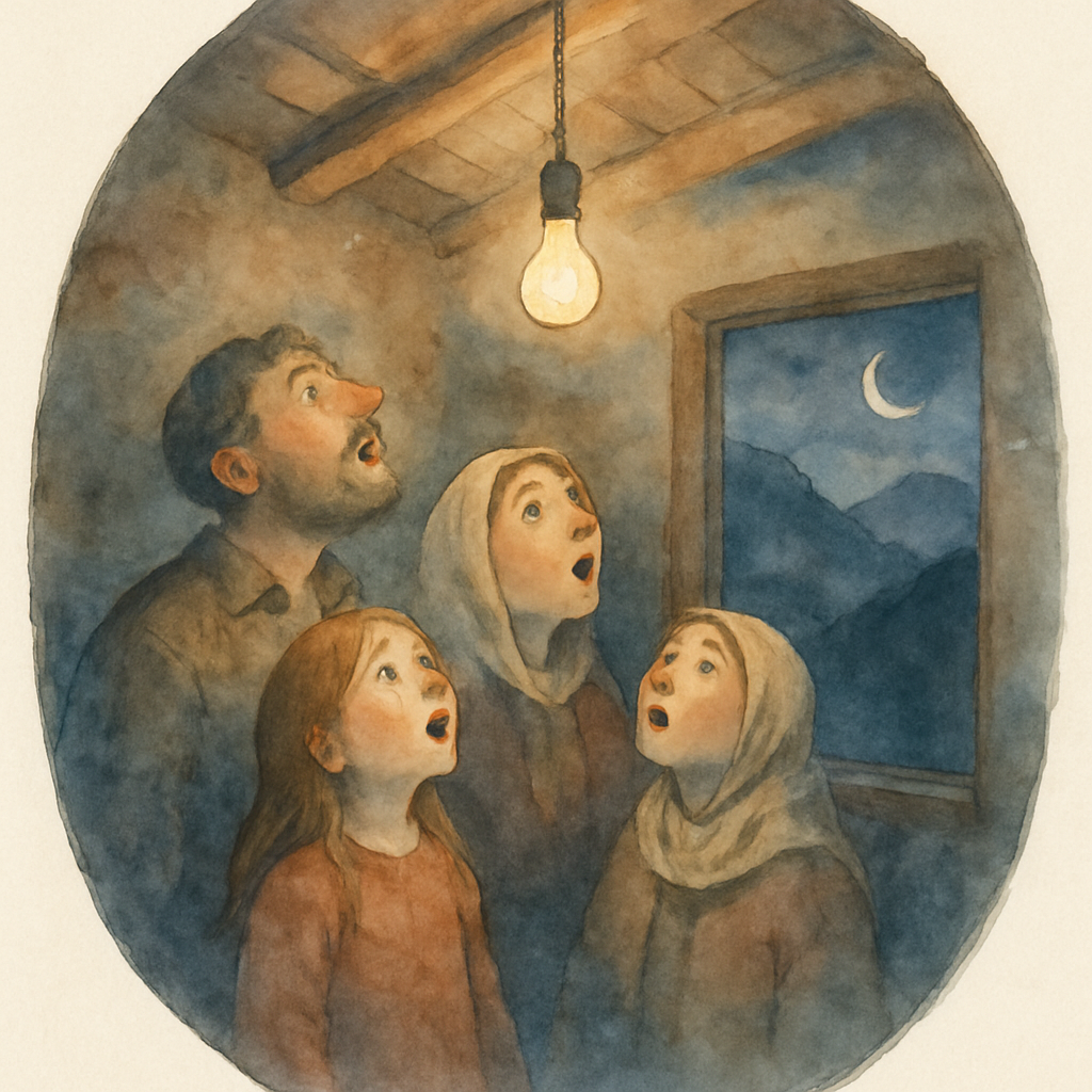 A dreamy, slightly faded watercolor of Teta's memory: a small mountain village house at night with a single bare lightbulb hanging from the ceiling, just turned on for the first time. A young girl (Te