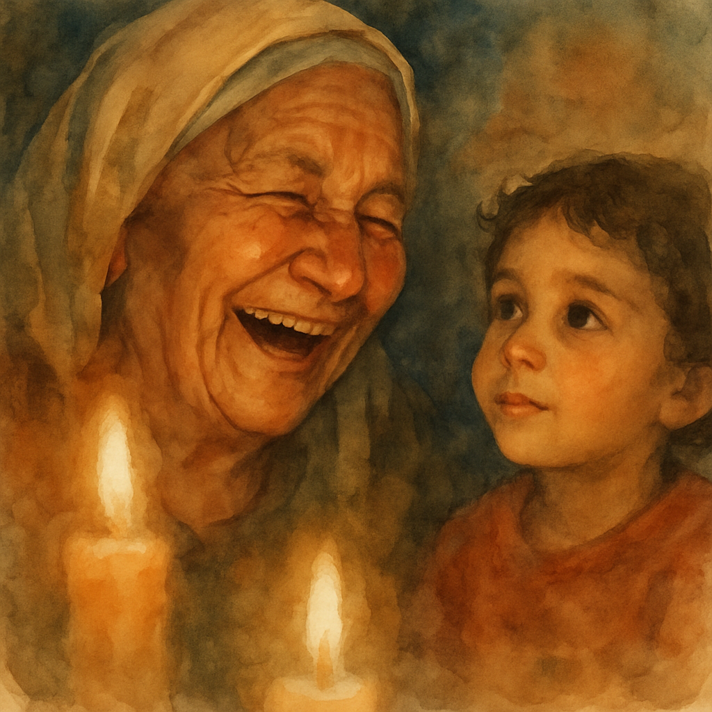 A tender close-up on Teta's face mid-laugh — eyes crinkled, mouth open in a full warm laugh. Beside her, the child watches her with quiet wonder, the kind of look you give someone you suddenly see in 