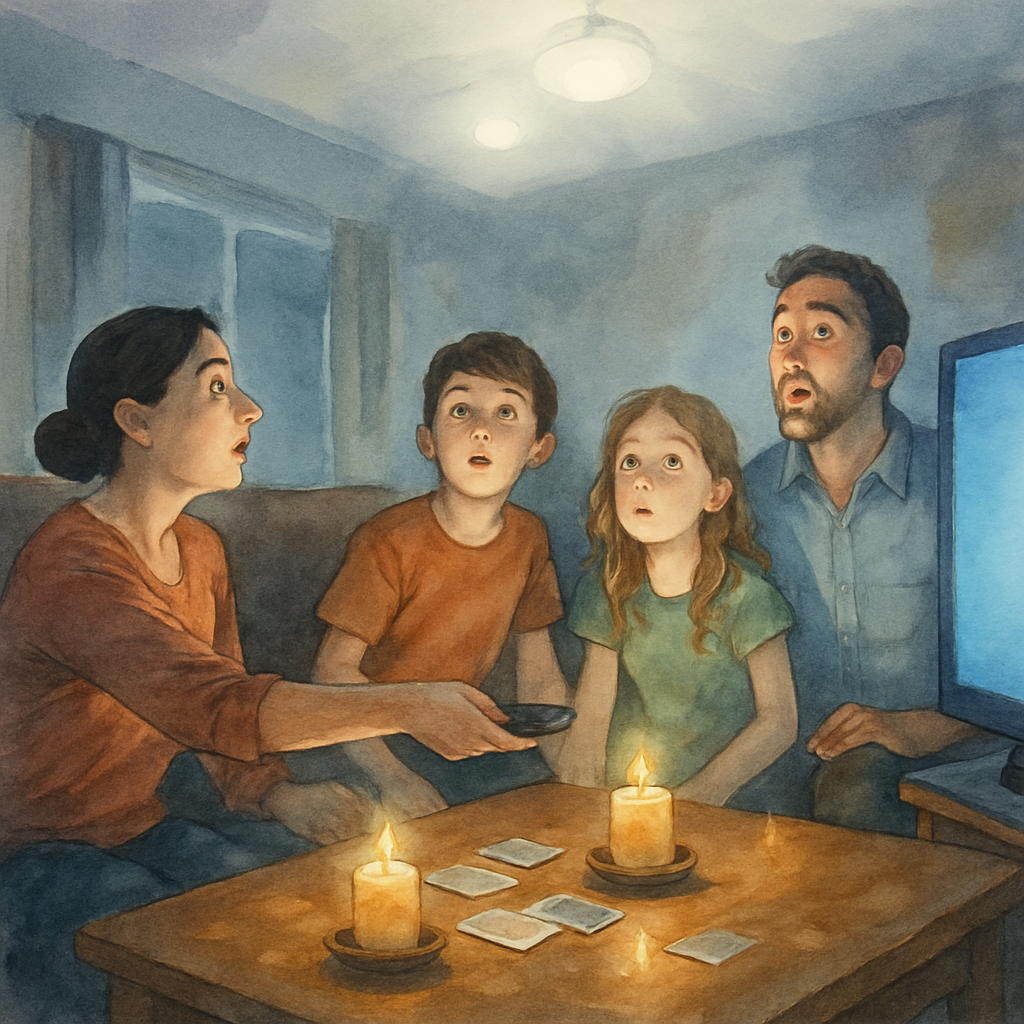 The exact moment the lights come back: the room is suddenly bright with white electric light, slightly harsh after the gentle candlelight. Everyone is frozen mid-game, looking up at the ceiling lights