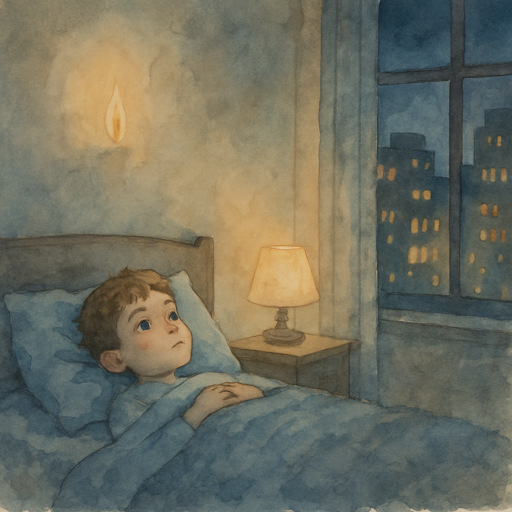A quiet bedroom scene: the child lying on their back in bed, blanket pulled up to their chest, eyes open and thoughtful, looking up at the ceiling. A small bedside lamp glows softly. On the wall above