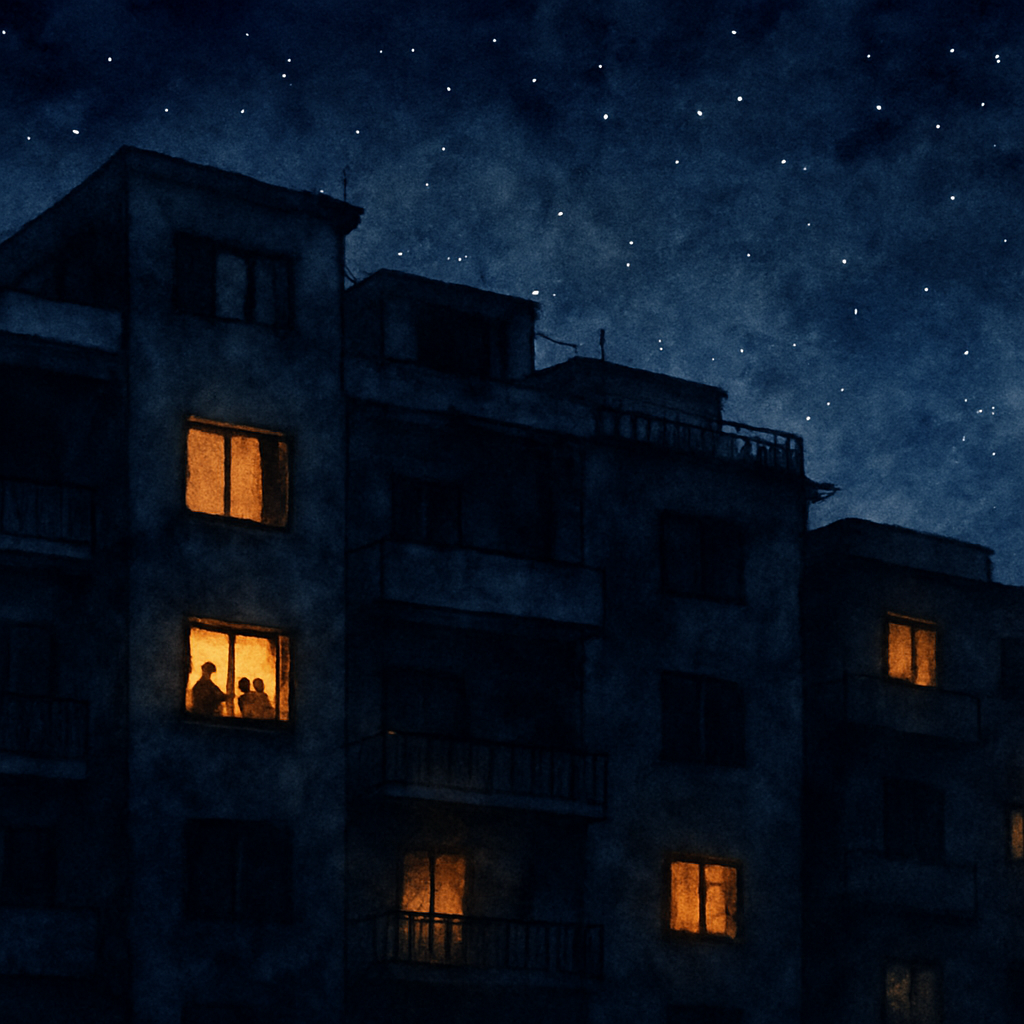 A final wide watercolor: an outside view of the Beirut apartment building at night. Most windows are dark, the city in another power cut. But several windows glow warm gold from candlelight inside, in