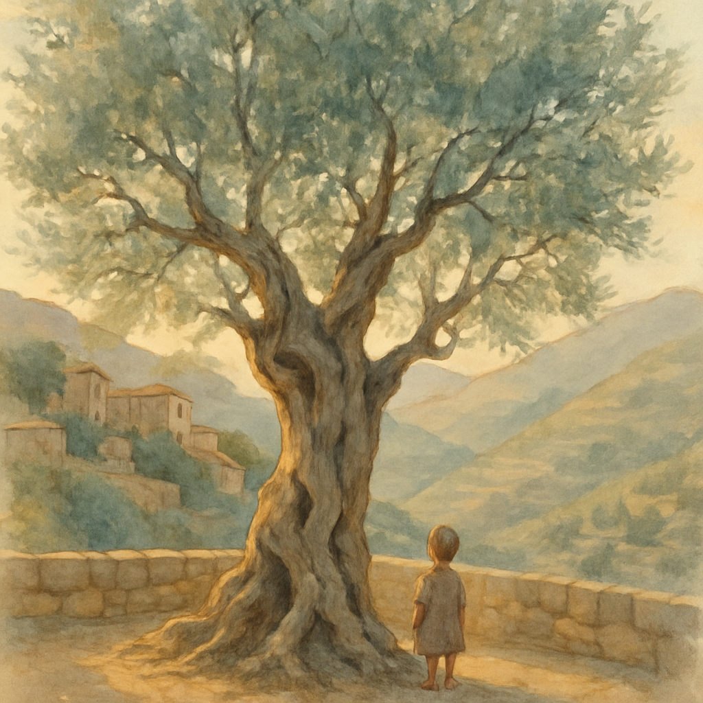 A wide watercolor scene of an ancient gnarled olive tree on a stone-walled terrace high in a Levantine mountain village. The tree's silver-green leaves catch the late afternoon light. A small child st