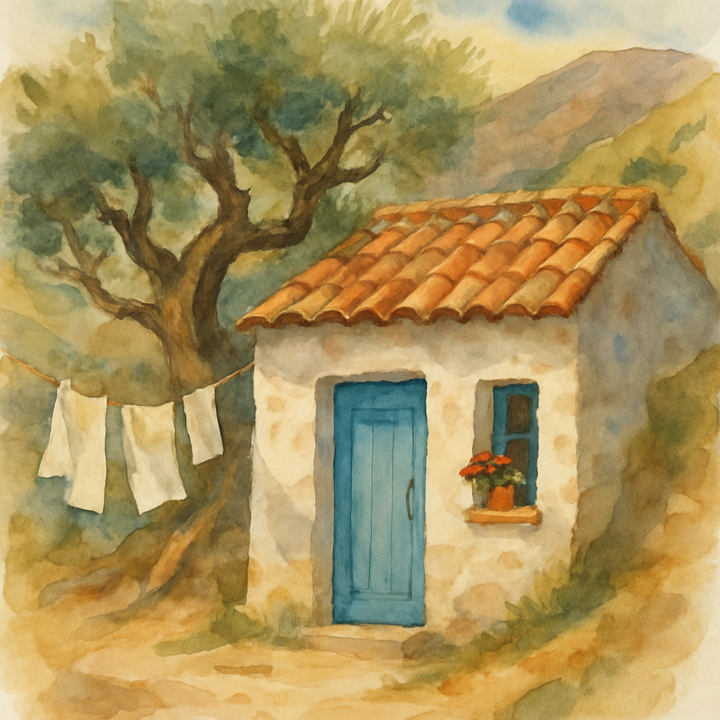 A small whitewashed stone village house with a sky-blue door, set into a Levantine mountain hillside. Behind the house, an old olive tree with a thick twisted trunk. A clothesline with a few clean tow