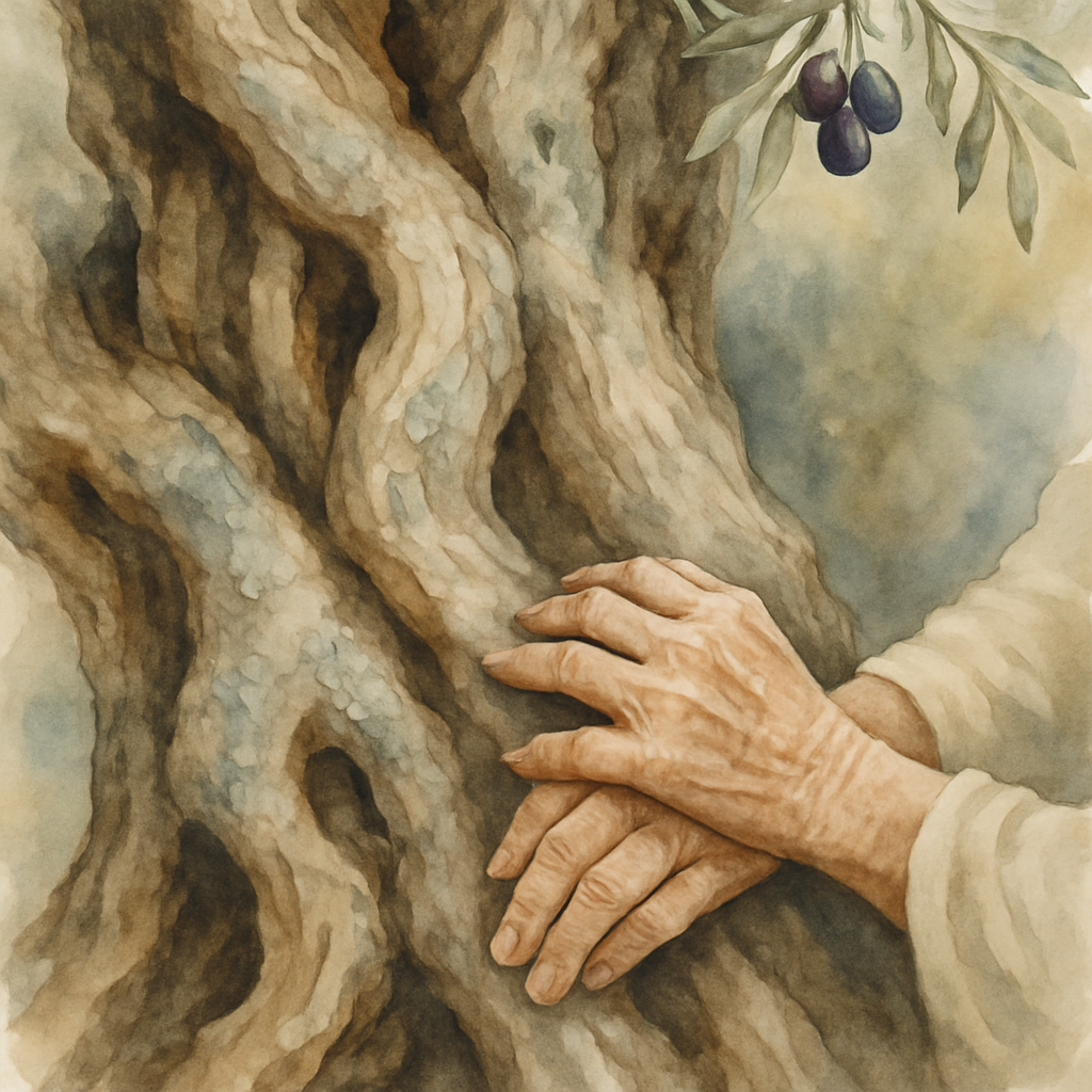 Close-up watercolor of the old olive tree's bark — twisted, scarred, beautifully textured, with patches of silver-grey lichen. A few leaves and a small cluster of ripening olives visible at the top ed