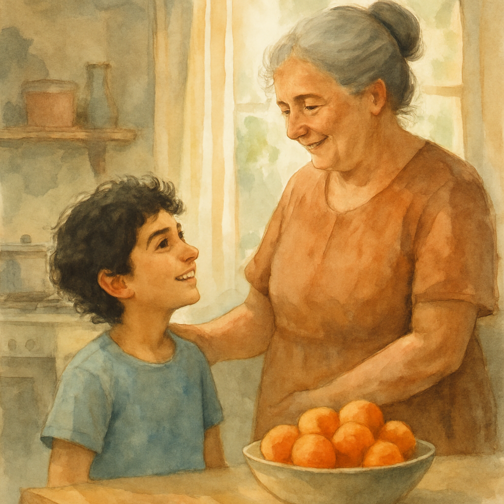 A child (around 9-10, dark curly hair, Levantine features, ambiguous gender) standing in Teta Salma's kitchen, looking up at her with bright excited eyes. Teta is a warm-faced older woman in a simple 