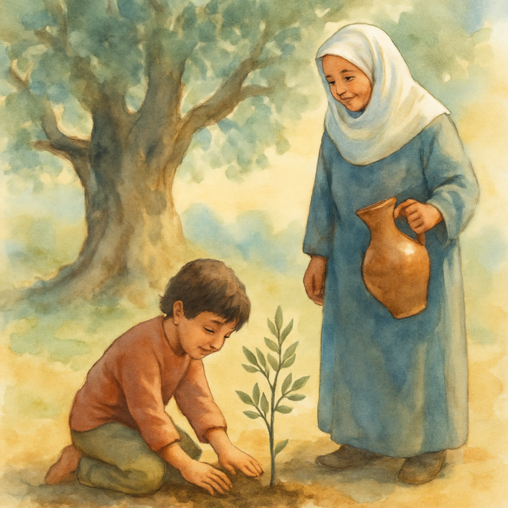 The same child kneeling in the earth, gently patting soil around a small olive sapling barely a foot tall. Teta stands beside them with a clay water jug, ready to pour. The huge old olive tree looms i