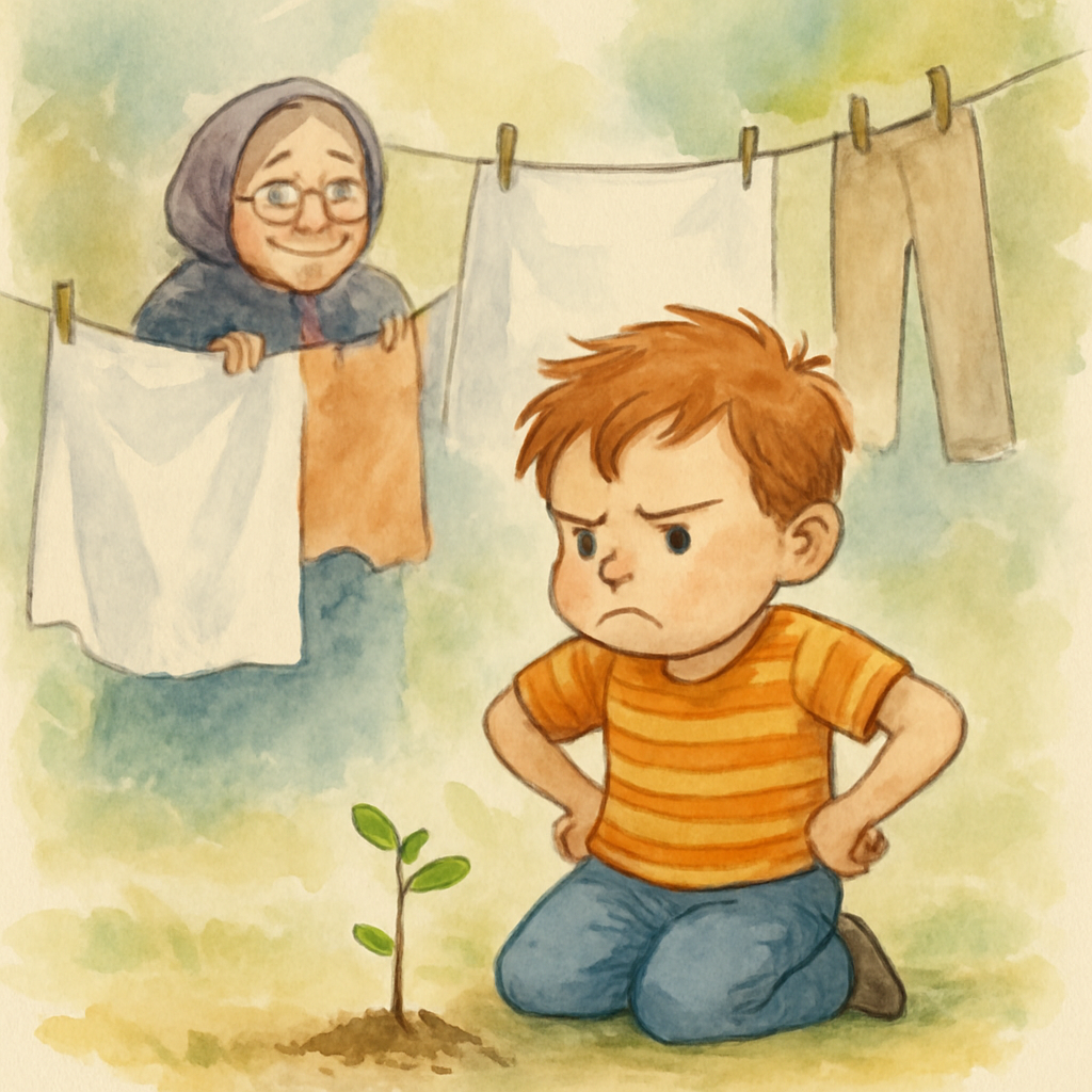 The child kneeling beside the small sapling, hands on hips, looking puzzled and slightly disappointed. The tree is exactly the same size as the day before — maybe with two tiny leaves visible. In the 