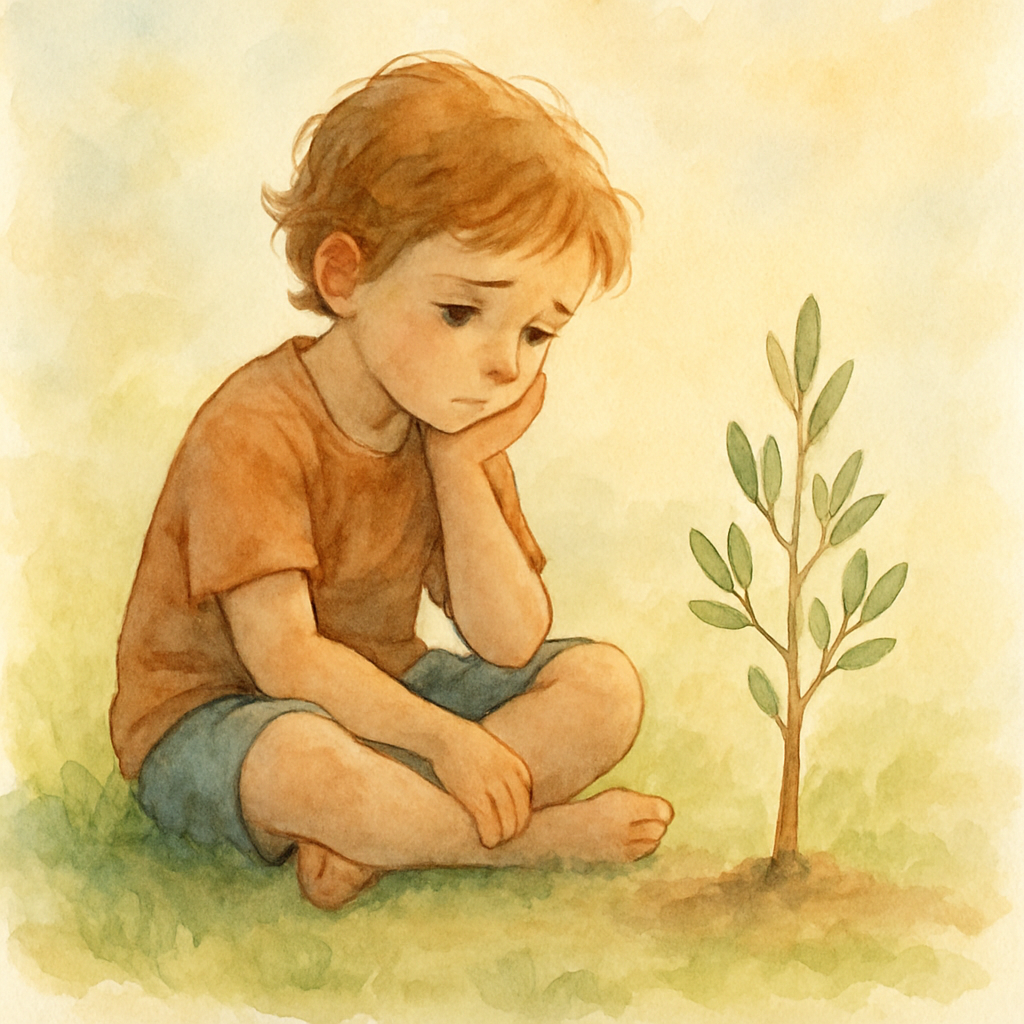 A simple, quiet scene: just the child sitting cross-legged in the grass, chin resting on their hand, looking thoughtfully at the small olive sapling. Morning light. The child's expression is gentle wo