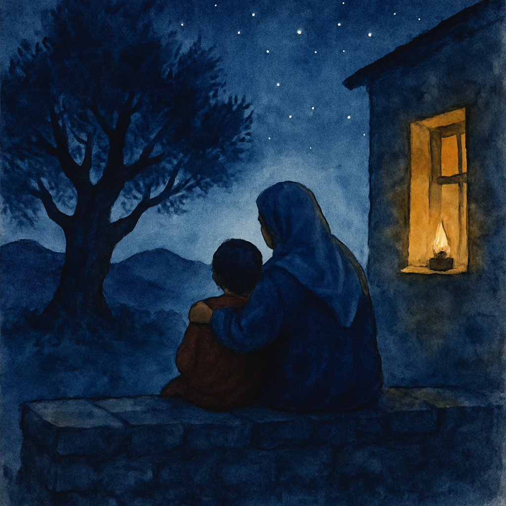 Evening scene. Teta and the child sit together on a low stone wall under the stars. Teta has her arm around the child. Both are looking out at the dark mountains. The old olive tree is silhouetted aga
