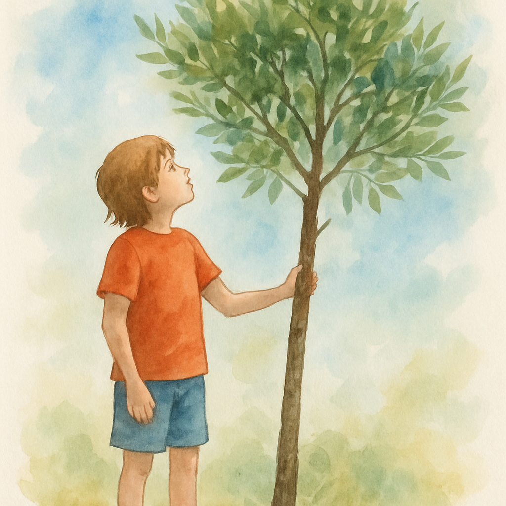 The child, now slightly older (maybe 10), standing next to the sapling — which has indeed grown taller than them. The child has one hand on the slim trunk, looking up at the branches. The tree has ple