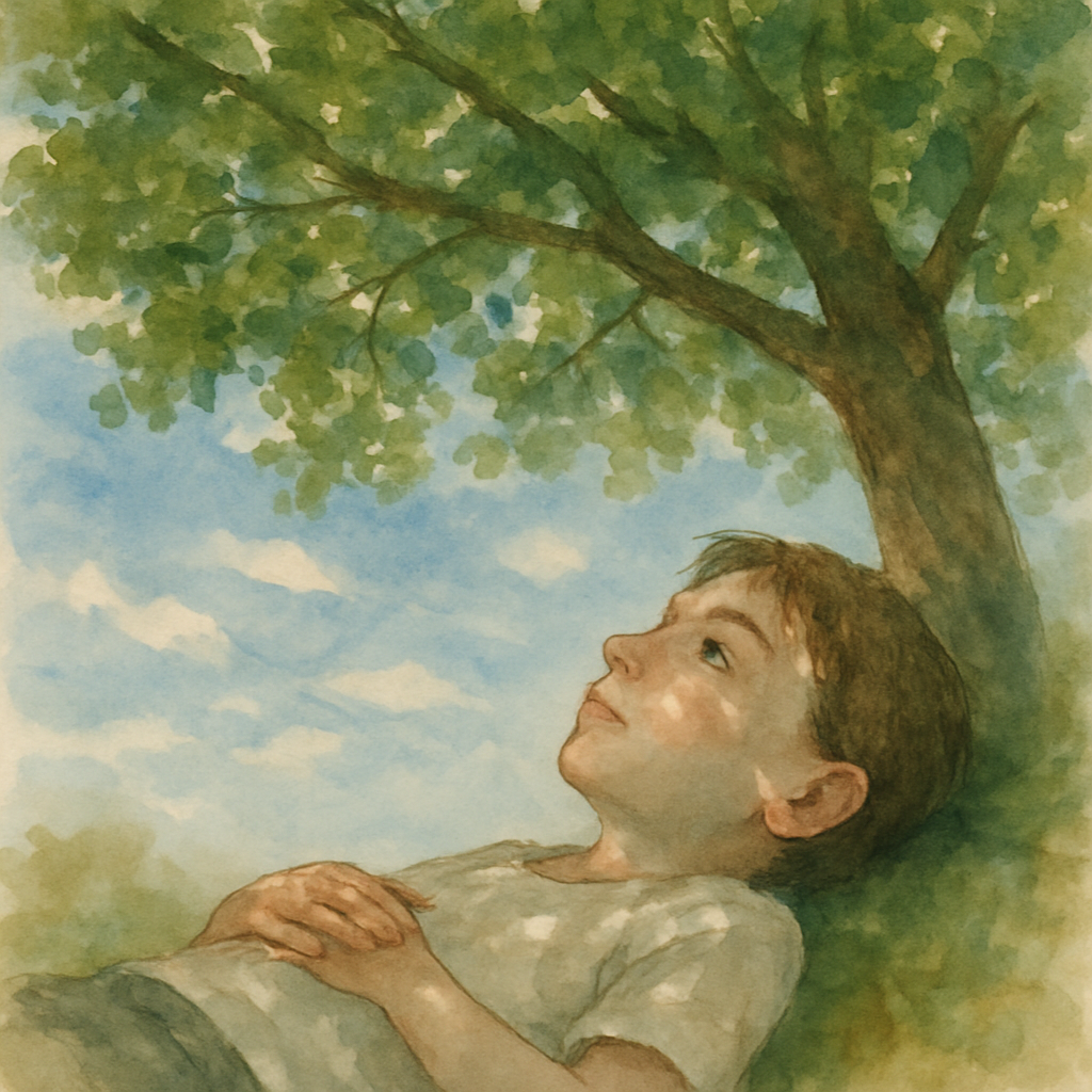 The child, even a bit older, lying on their back under the now-fuller tree, looking up through the branches at a blue sky scattered with thin clouds. The child is calm — they've started learning patie