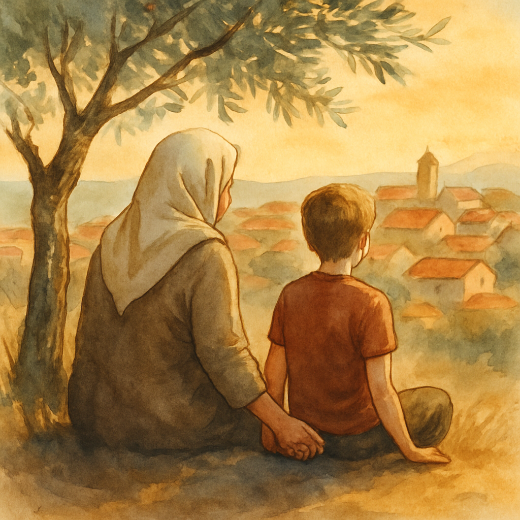 Teta and the now-older child seated side by side on the ground under the young olive tree, looking out at the village rooftops. Teta is holding the child's hand — a small but powerful gesture. The lig