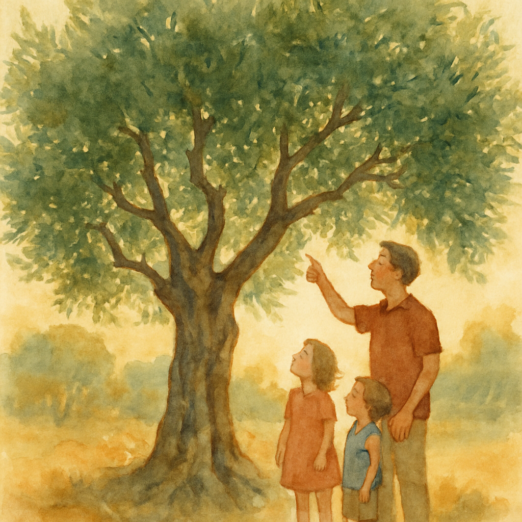 A scene now showing a grown adult (the same person as the child, but as a parent now) standing under the tall olive tree, with two young children of their own beside them. The tree is mature — full ca