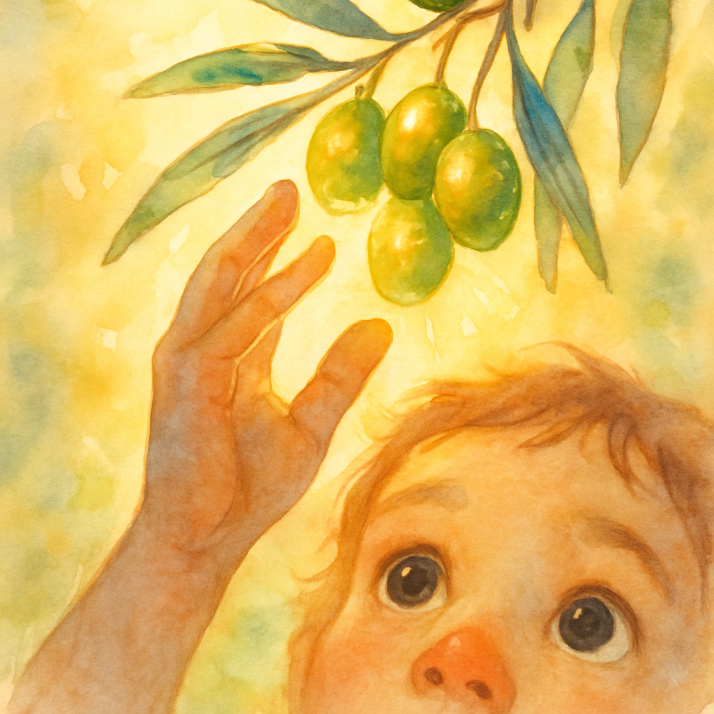 Close-up watercolor of a hand reaching up toward a cluster of small green olives hanging from a branch — the sun catching them, making them look like little green-gold stars. In the foreground, blurre