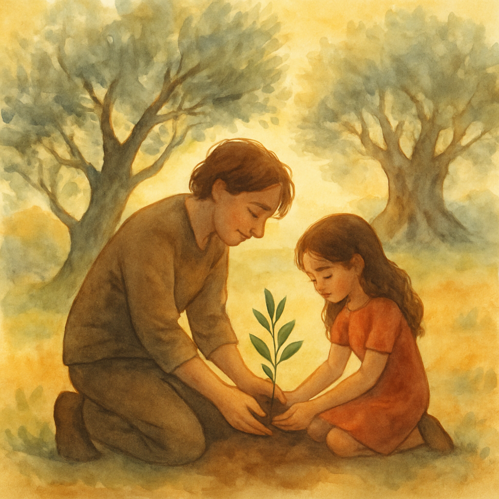 The parent kneeling in the earth with their daughter, both of their hands gently around a small olive seedling, ready to plant. Behind them, the tall mature olive tree (the parent's own). And even fur