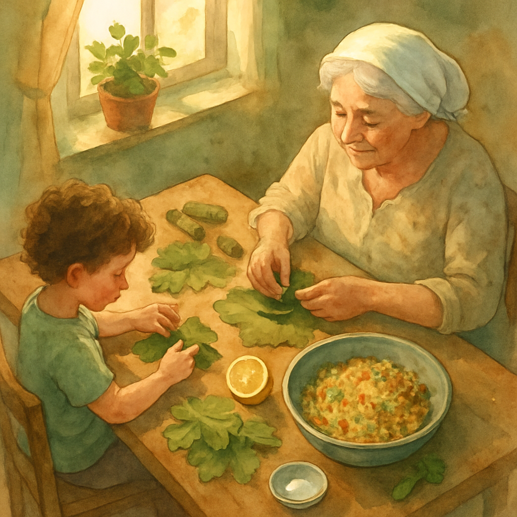 A warm Levantine kitchen seen from above. An elderly grandmother in a soft house-dress and a young child sit across from each other at a worn wooden table covered in fresh grape leaves, a steel bowl o