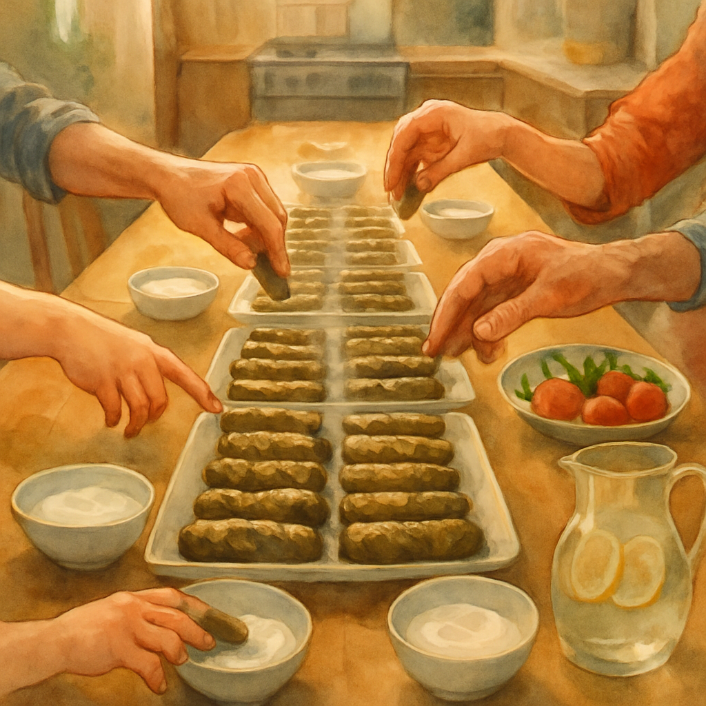 A long family table seen from one end, crowded with plates of stuffed grape leaves arranged in neat rows, bowls of yogurt, a plate of cucumbers and tomatoes, a pitcher of water with lemon slices. Hand