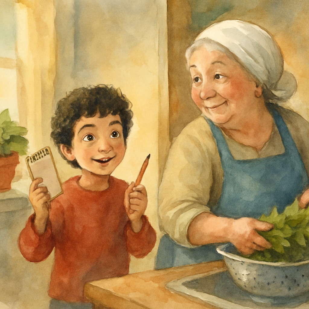 A child around ten years old, dark curly hair, standing in the doorway of a warm kitchen holding up a small spiral notebook and a pencil with bright, eager eyes. The grandmother stands at the counter 