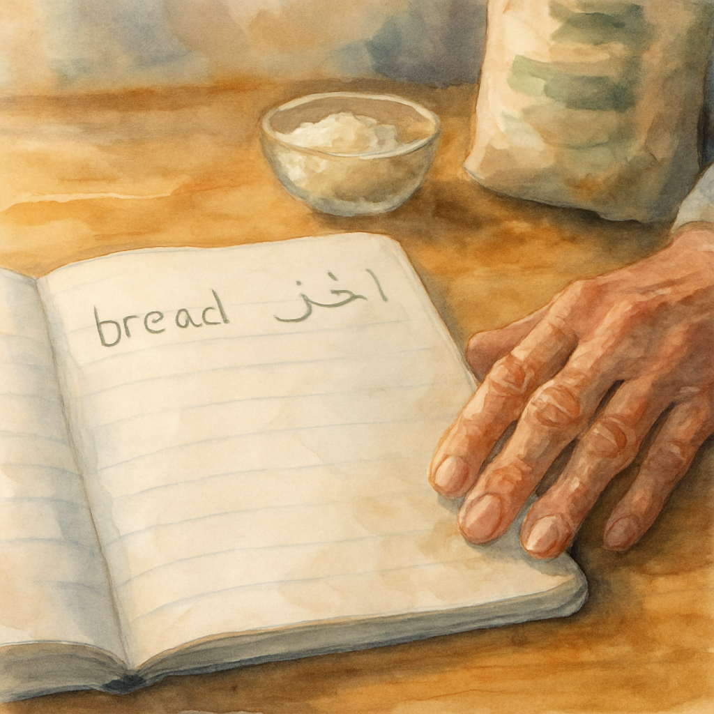 Close-up of the child's notebook open on a wooden counter, the page showing handwritten English and Arabic words at the top in pencil. Beside the notebook, the grandmother's older hand rests gently, f