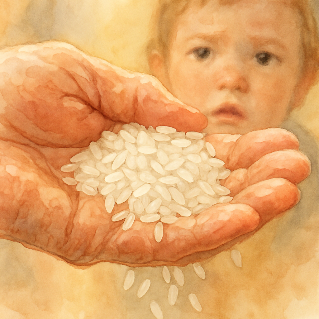 A very tight close-up of the grandmother's cupped hand filled with raw white rice grains, some spilling between her fingers. The lines and softness of her older hand are visible. In the soft-focus bac