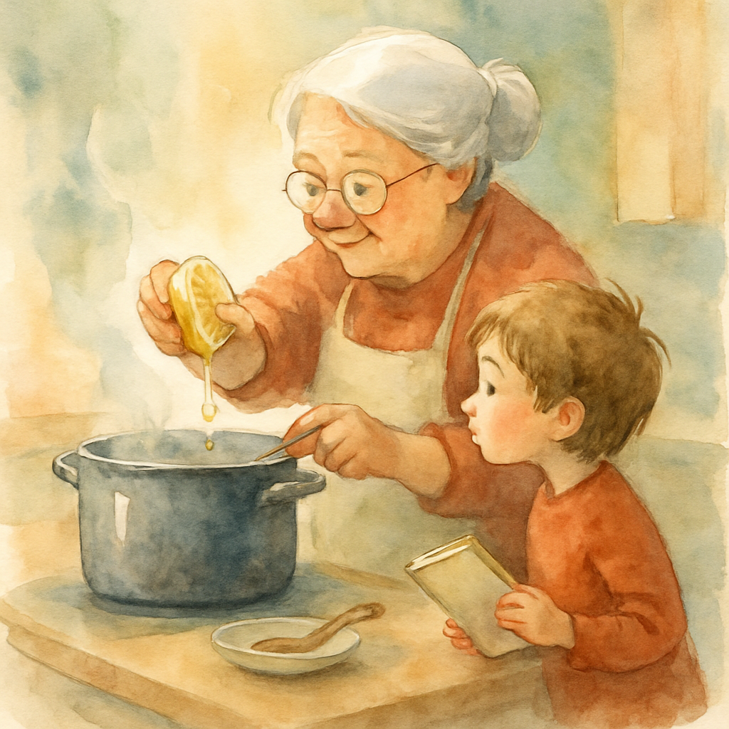 The grandmother at the stove, squeezing a halved lemon over a large pot. Pale yellow juice drips down. On the counter beside her, a small wooden spoon rests in a saucer. The child stands on tiptoes be