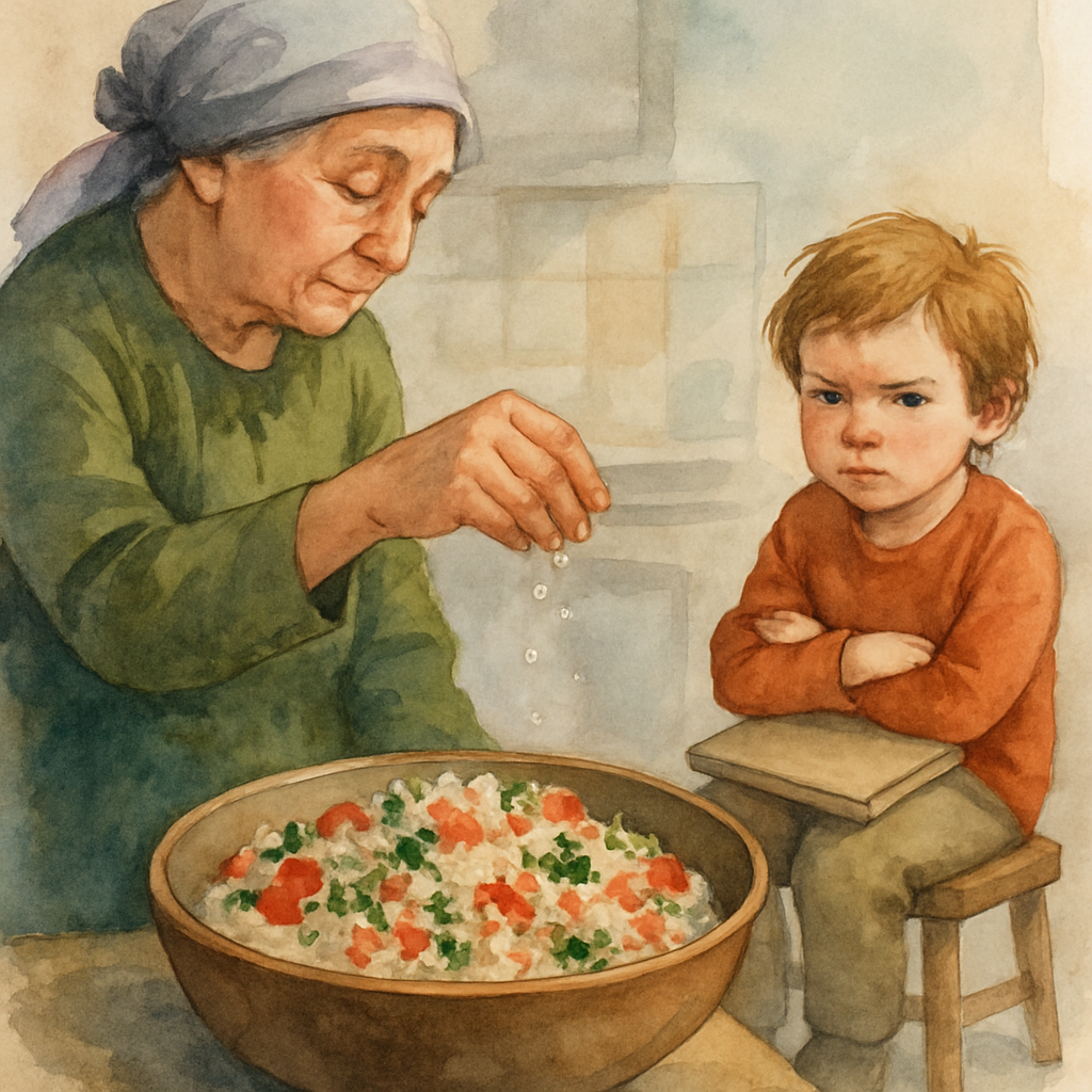 The grandmother's fingers pinching white salt grains above a large bowl of rice mixed with chopped tomato, parsley, and spices. A few salt crystals are caught mid-air. The child sits on a small kitche