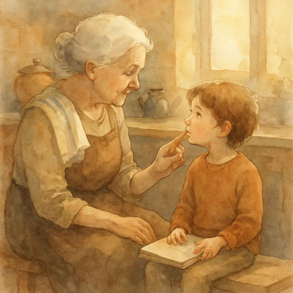 The grandmother sitting beside the child on a low wooden bench in the kitchen, gently lifting the child's chin with one finger so their eyes meet. Both faces are soft. The child's notebook is closed i