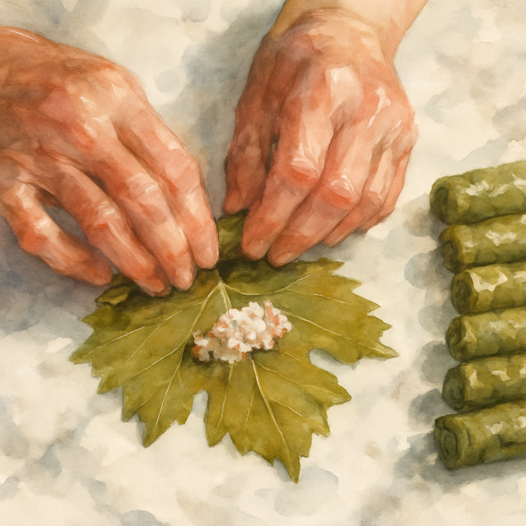 A top-down close-up of the grandmother's wrinkled hands in motion over a flat grape leaf on a marble counter, mid-fold. The leaf is partially rolled with rice peeking out. Several finished rolls are l