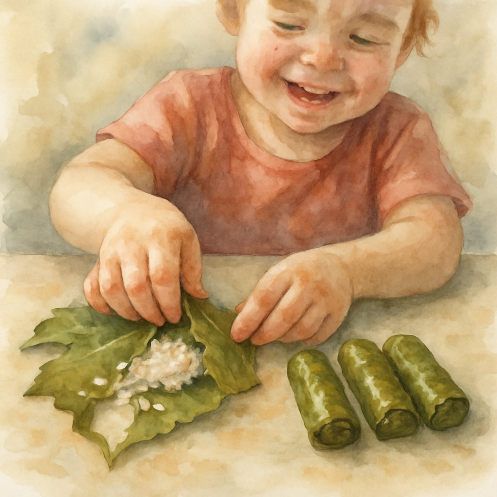 The child's small hands fumbling with a grape leaf on the counter — rice spilling out one end, the leaf partly torn. Beside the messy attempt, three of Teta's perfect tight rolls sit in a row for comp