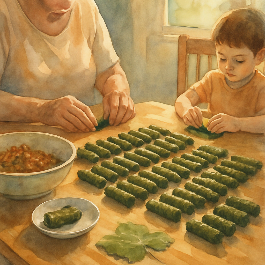 A wider view of the kitchen table now half-covered in neat rows of stuffed grape leaves — most rolled tightly by Teta, a few smaller and more uneven by the child. Both pairs of hands are working side 