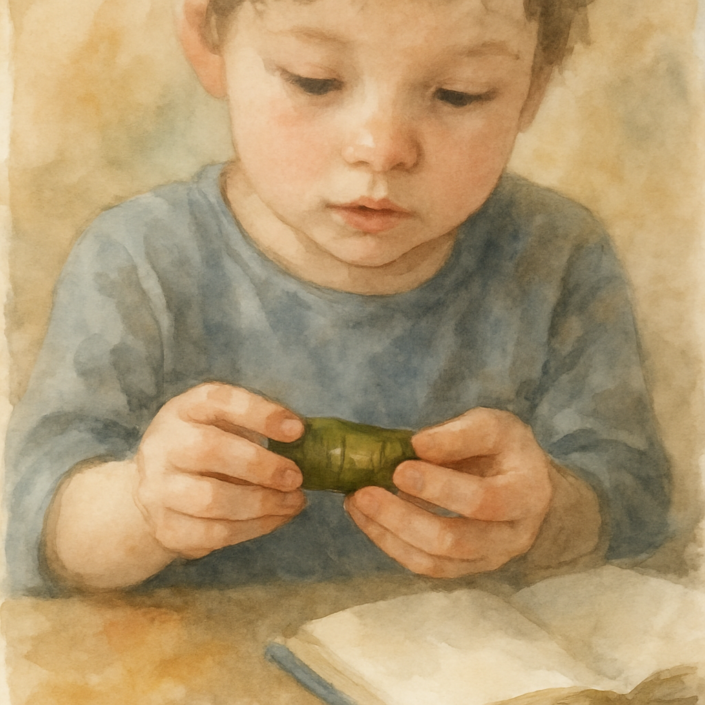 A quiet, contemplative close-up of the child's hands holding one finished grape leaf roll — small but neatly closed. The child's expression in soft focus above is calm, almost surprised by themselves.